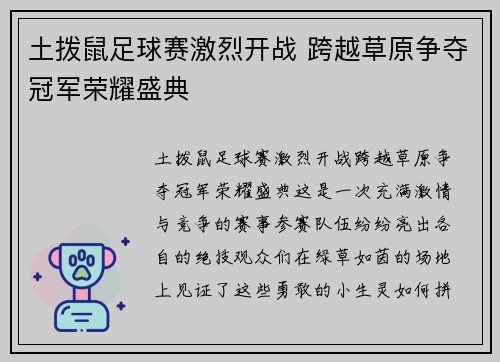 土拨鼠足球赛激烈开战 跨越草原争夺冠军荣耀盛典